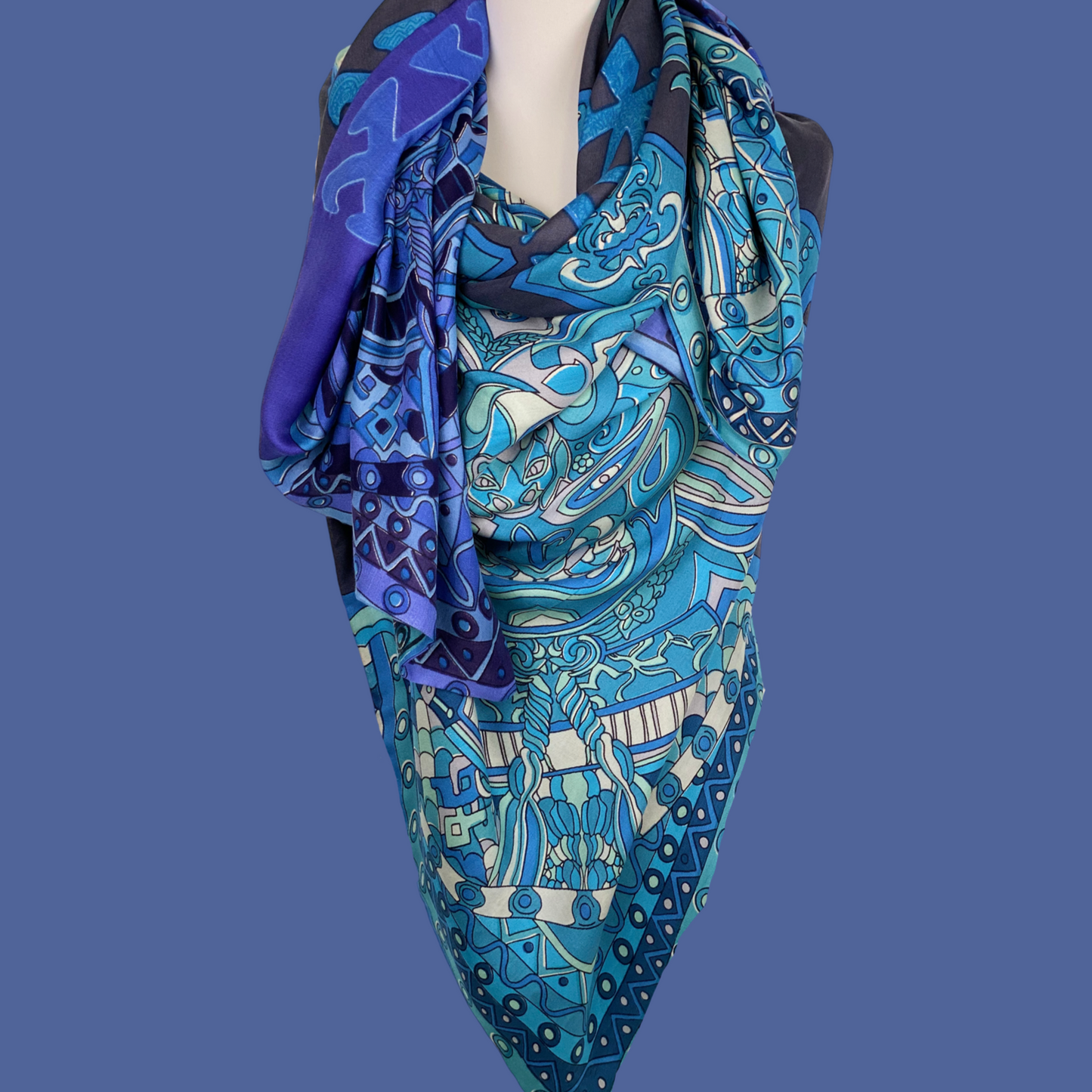 4 SAMURAIS- 150x150 XL Tuch/Stola -Seide Doubleface - Blau/türkis - Limited Edition #2