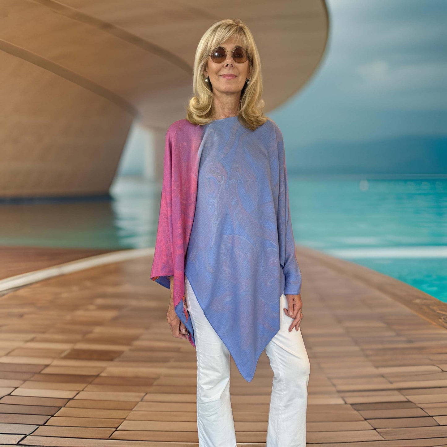 BONDED IN GARDEN EDEN Sei de& Kaschmir Poncho, Doubleface, Blau / Pink, Unikat