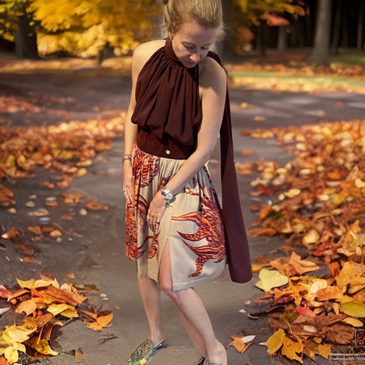 SOUL FLOWERS Kaschmir & Seide Midi Rock mit Veloursleder-Bund, orange & beige, Unikat