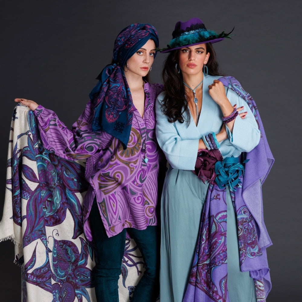 Cashmere stole cape “FLAMINGO GARDEN” LIMITED EDITION 3/6