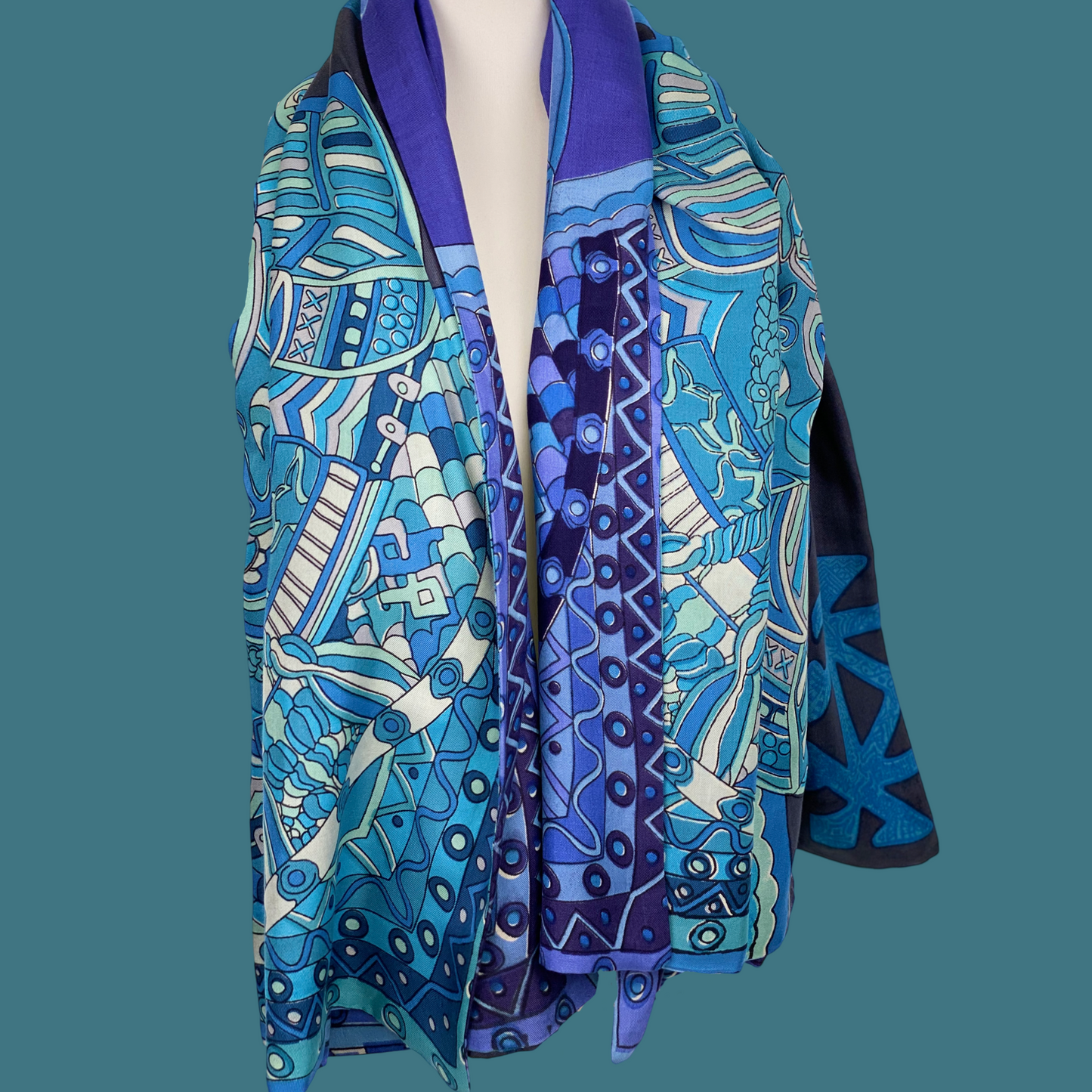 4 SAMURAIS- 150x150 XL Tuch/Stola -Seide Doubleface - Blau/türkis - Limited Edition #2