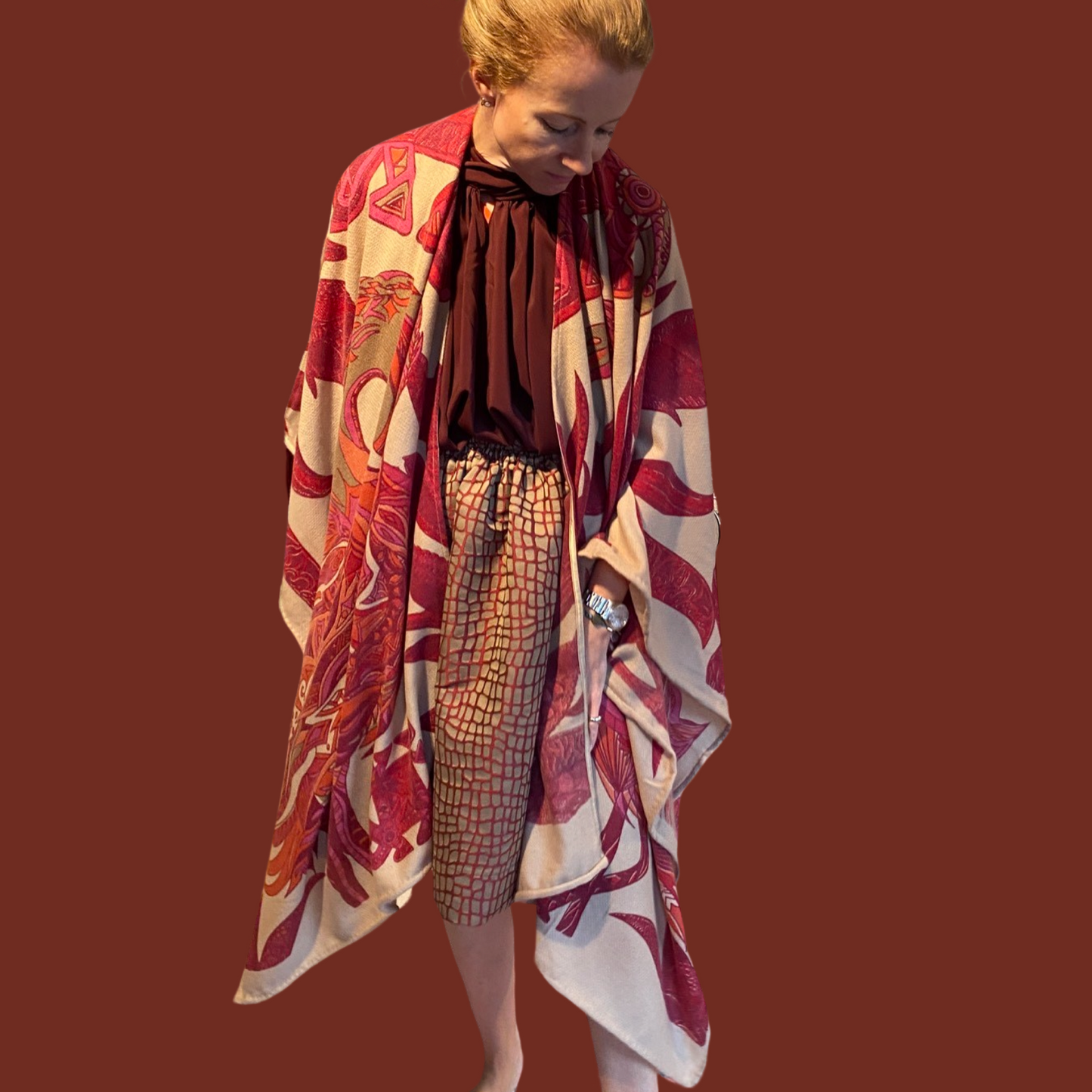 FLAMINGO GARDEN Kaschmir Cape/Stola, autumn rust & beige, limited 4/6
