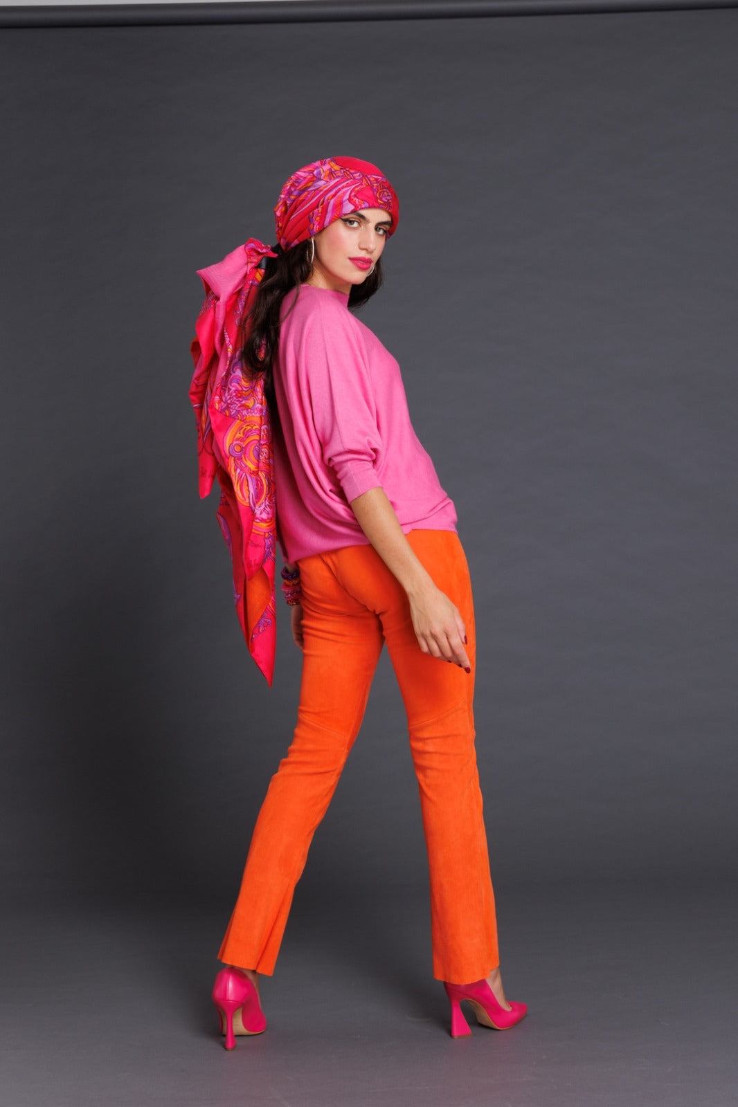 Lederhose mit Schlag, Stretch-Lammleder, orange, exkl. Masskonfektion