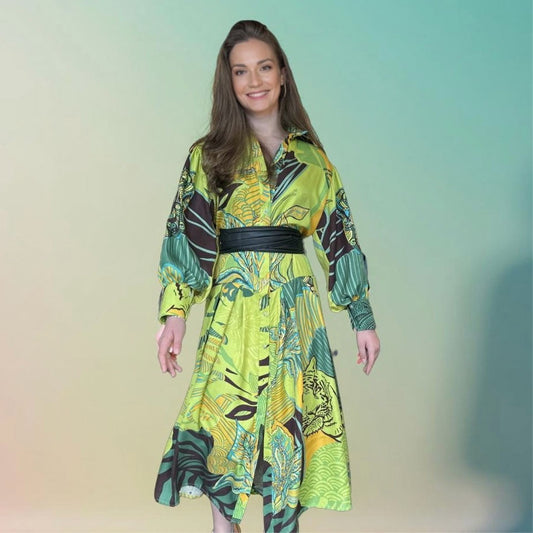 Midi Kleid, WILD FAMILY BOND, Seide bedruckt, gelb-grün-türkis, Unikat