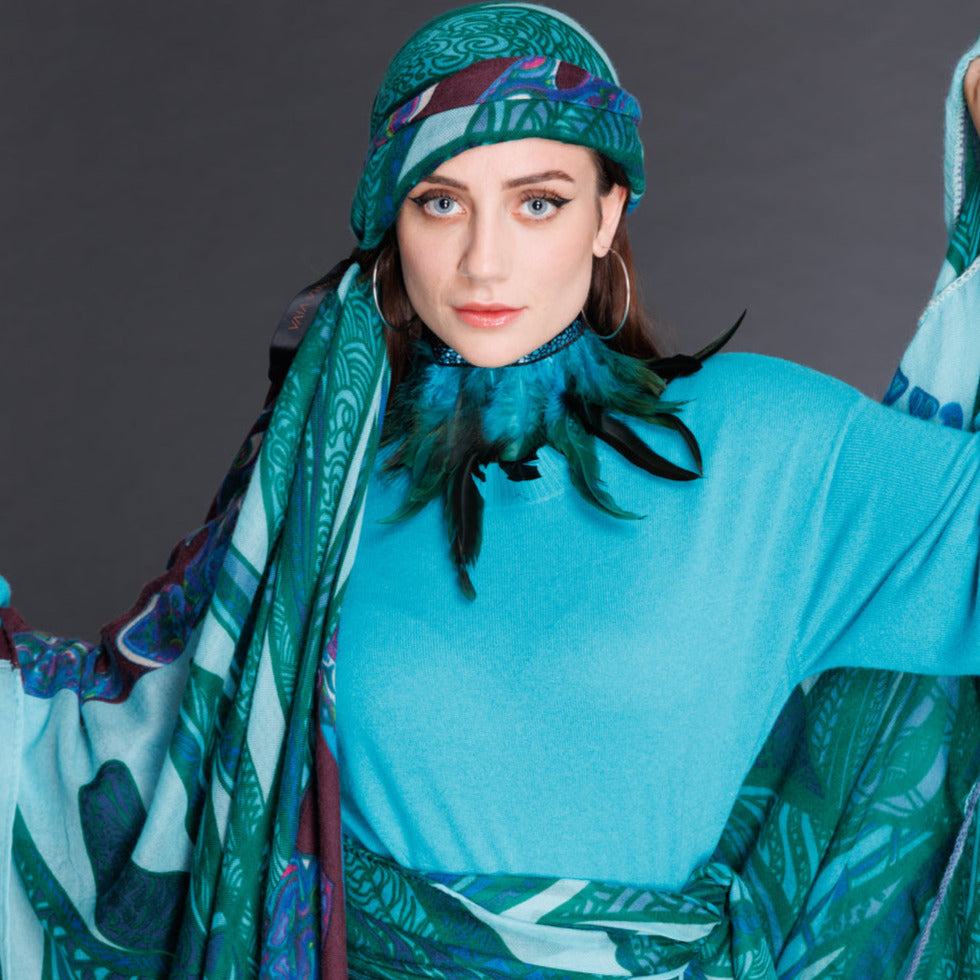 SOUL LEAVES Changra Kaschmir Schal/Stola, blau & Türkis & grün