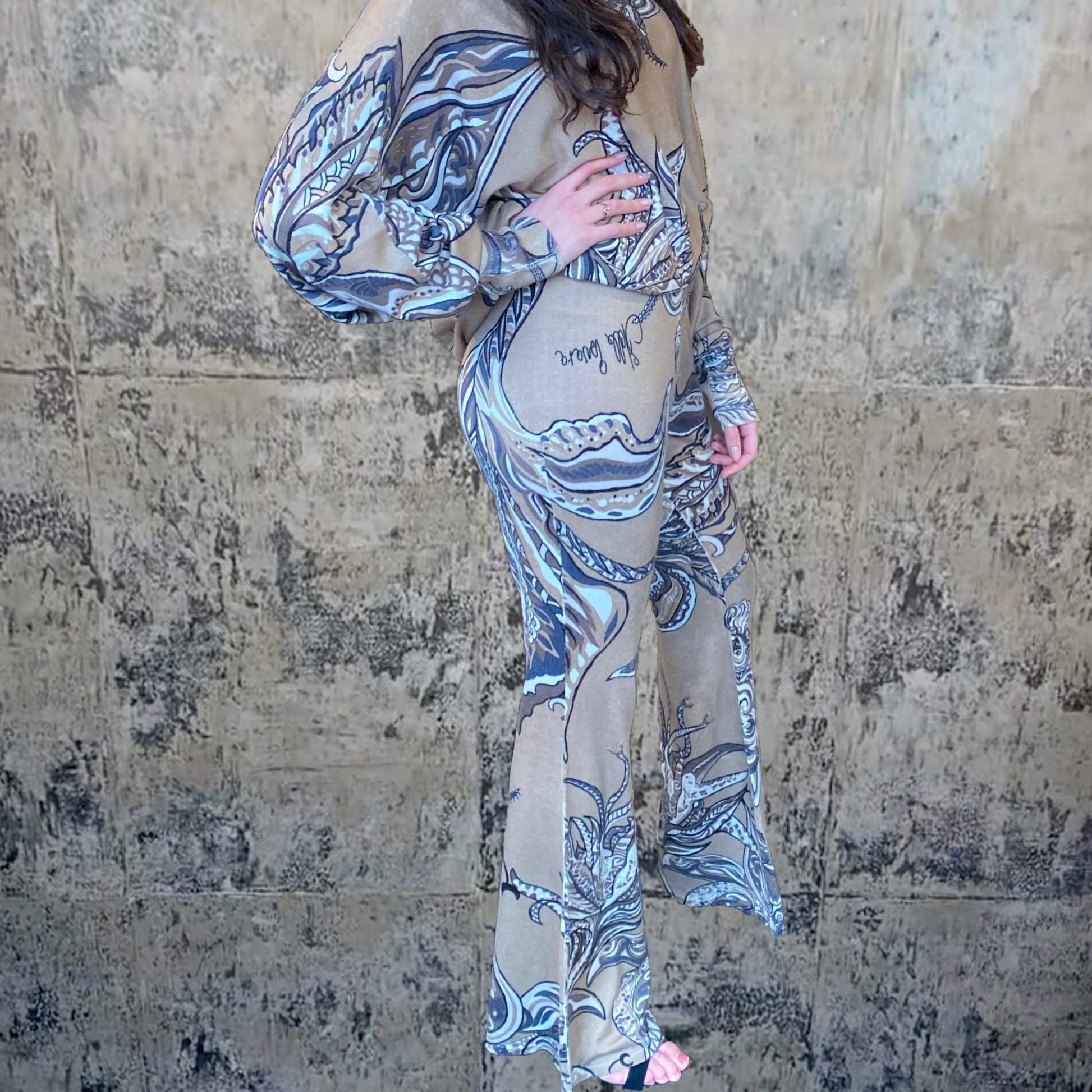 SOUL FLOWERS Feinstrick Kaschmir Hose mit Schlag, beige & sch/w,  Limited Edition #3