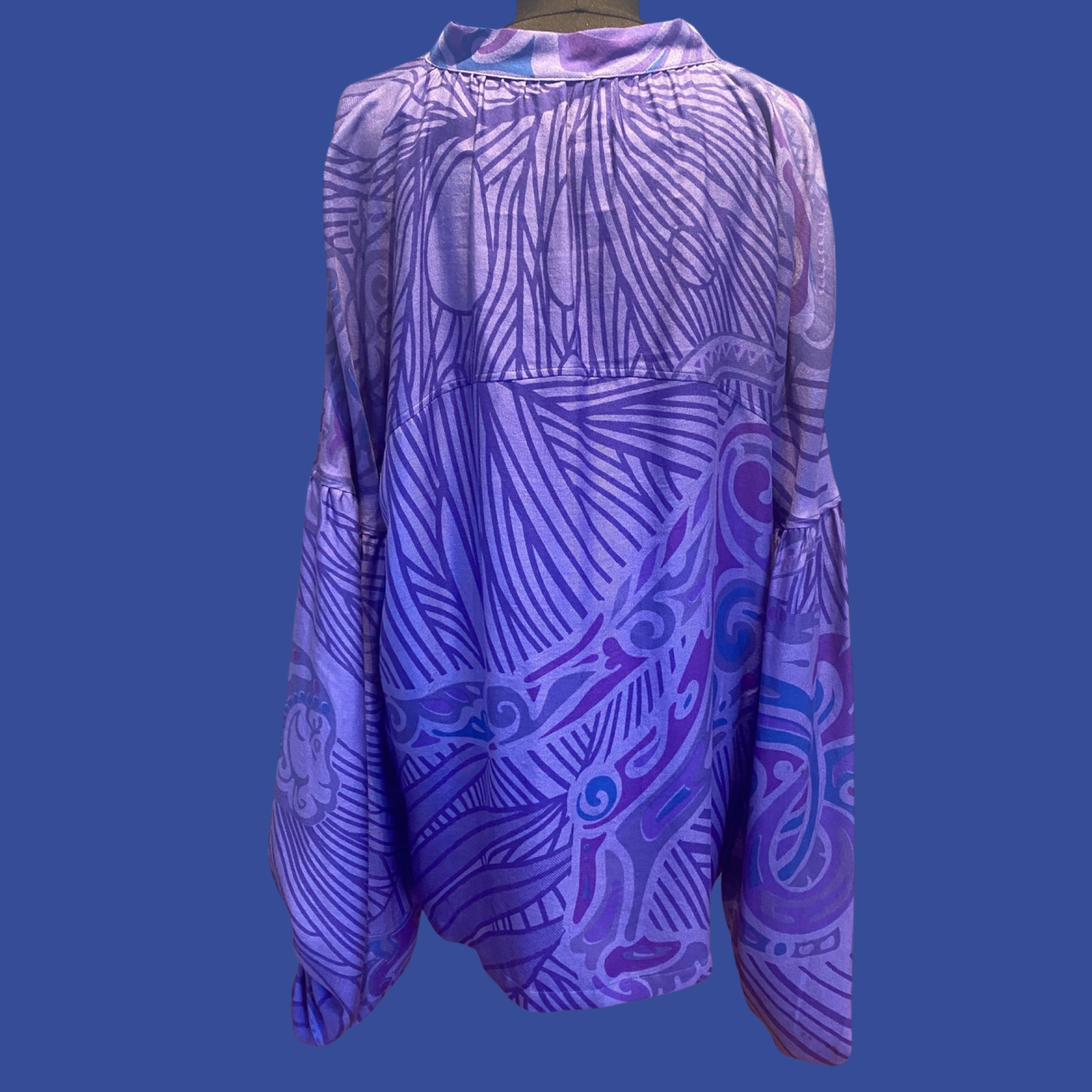 JUNGLE LOVE Seidenbluse mit Ballonärmeln, iris, petrol& purple, UNIKAT