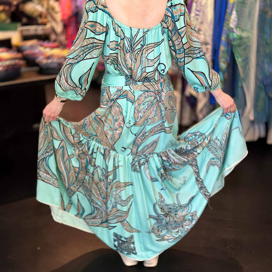 Maxi Kleid SOUL FLOWERS,  handgewobene 100 % Seide, türkis & beige, Unikat