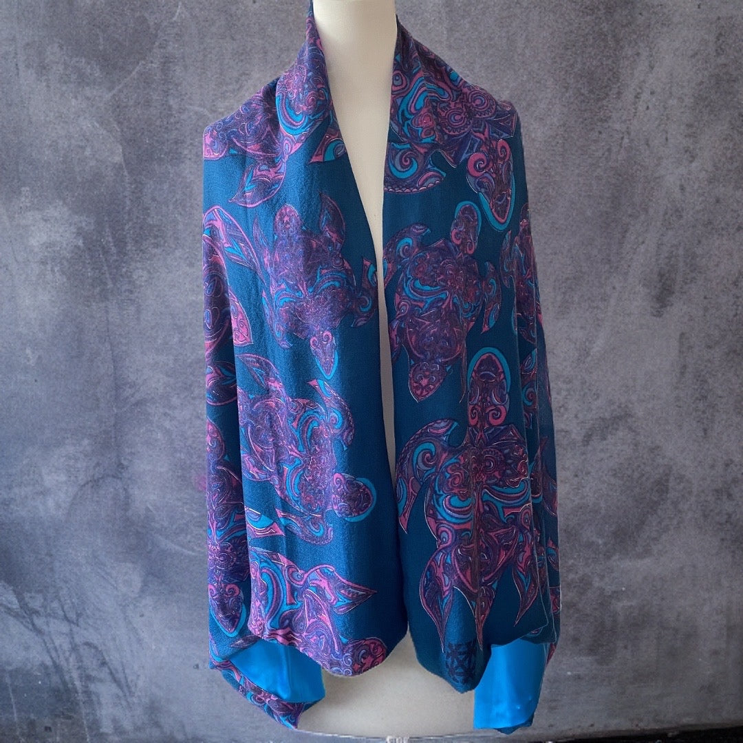 TURTLE LOVE Doubleface Kaschmir & Seiden Schal, petrol & Türkis - UNIKAT