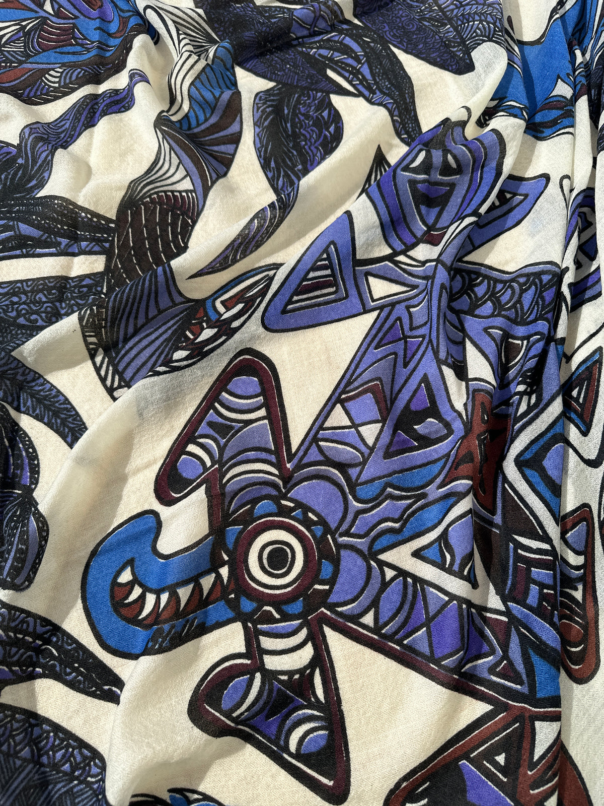 Kaschmir XL Schal „FLAMINGO GARDENS“ Limited Edition / Creme, Blues & Cabernet