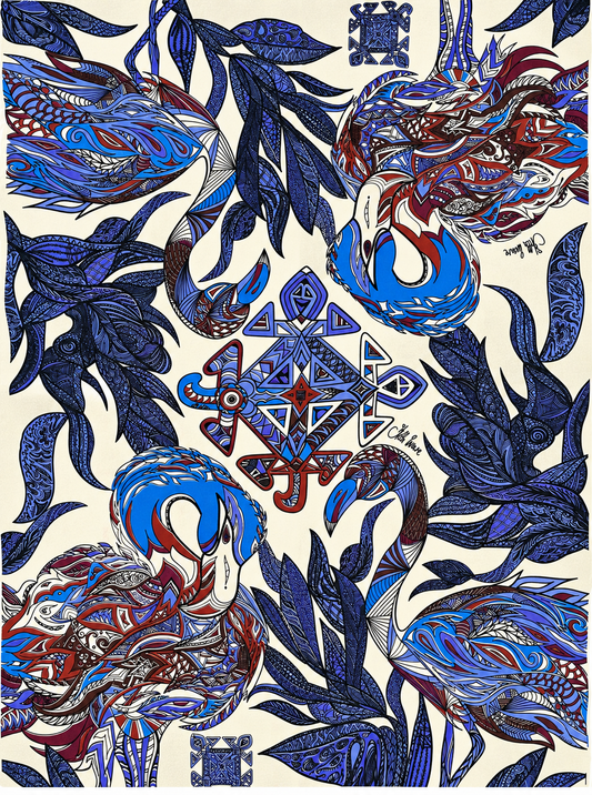 FLAMINGO GARDENS - Kaschmir XL Schal - Limited Edition / Creme, Blues & Cabernet
