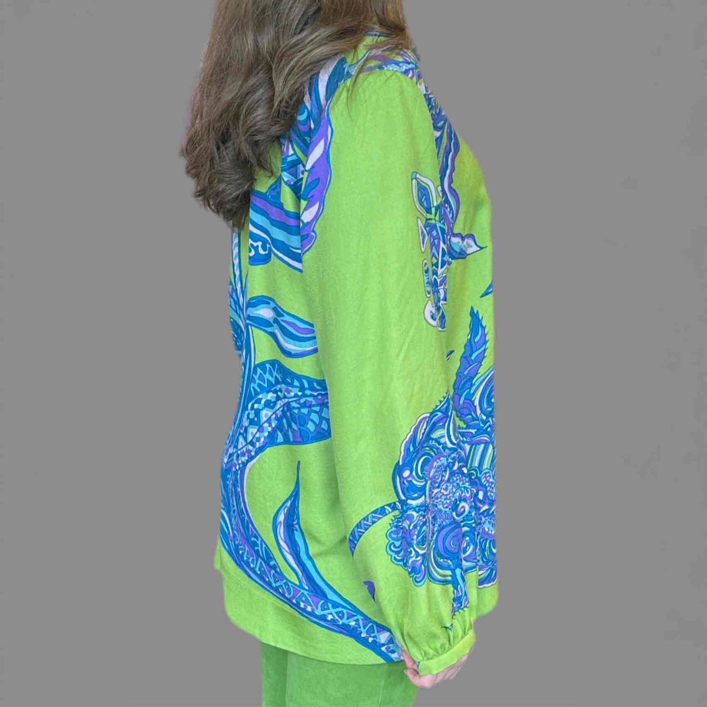 SOUL FLOWERS Wolle & Seiden Tunika, greenery & blue, UNIKAT