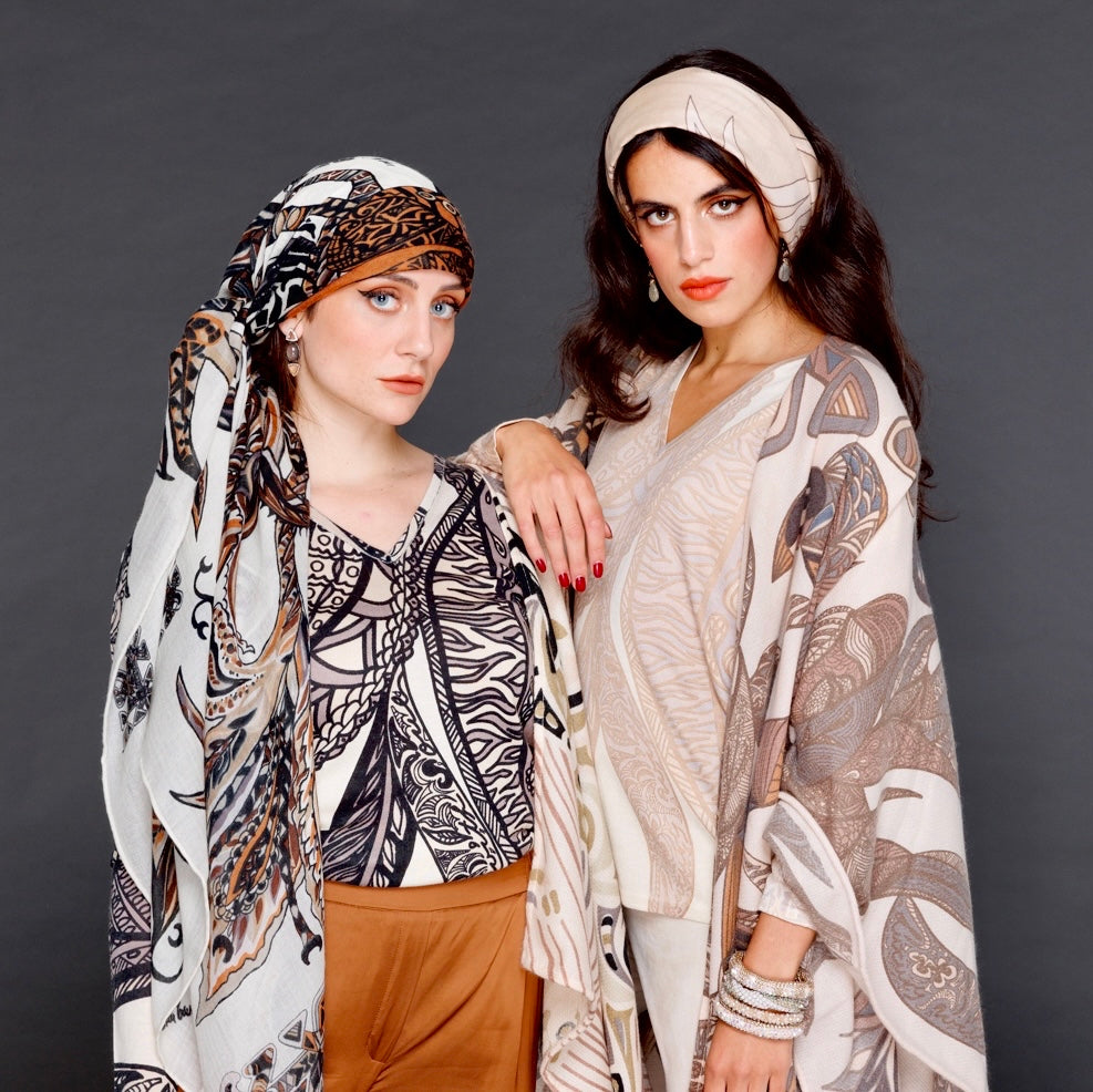 “SOUL LEAVES” fine knit sweater - beige & cream - hand printed from 100% light baby cashmere - limited to 3 pieces