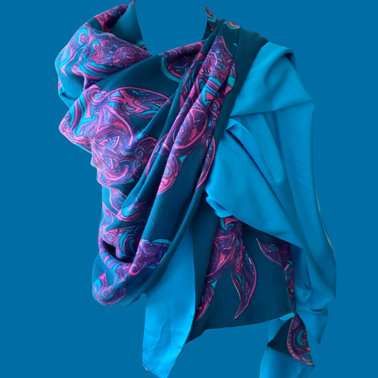 Scarf two-layer, doubleface printed on silk motif "TURTLE LOVE" 100x200 back satin silk aqua turquoise - UNIQUE