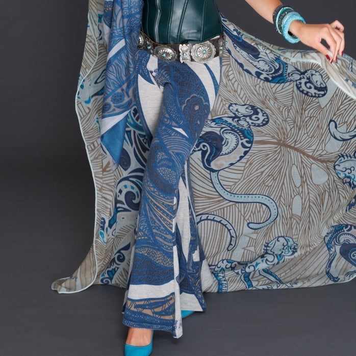 Hose SOUL LEAVES, Feinstrick Kaschmir, mit Schlag, petrol-grey, UNIKAT