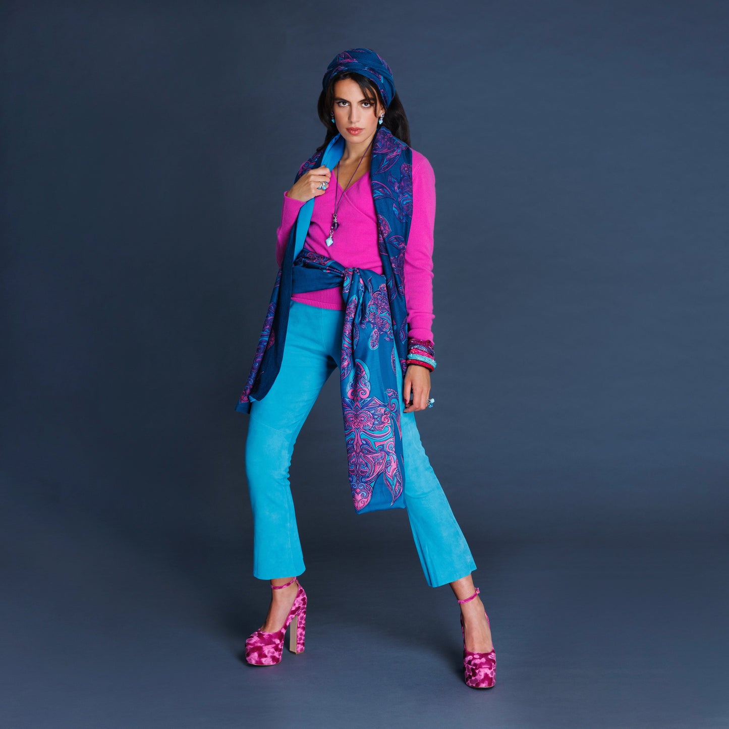 “TURTLE LOVE” Doubleface Kaschmir & Seiden-Schal - 200x100 - petrolblau/pink/ lila / blau - Limitiert #5