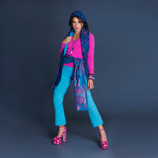 Scarf two-layer, double face printed on silk motif "TURTLE LOVE" 100x200 back 100% cashmere in color gradient - Limited #5