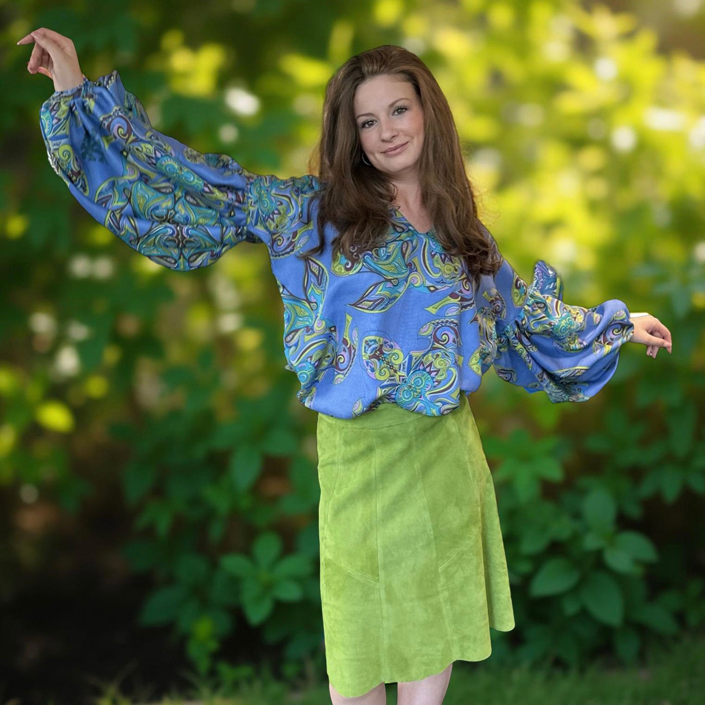 Bluse JUNGLE LOVE Seide mit Ballonärmeln, iris, petrol& purple, UNIKAT