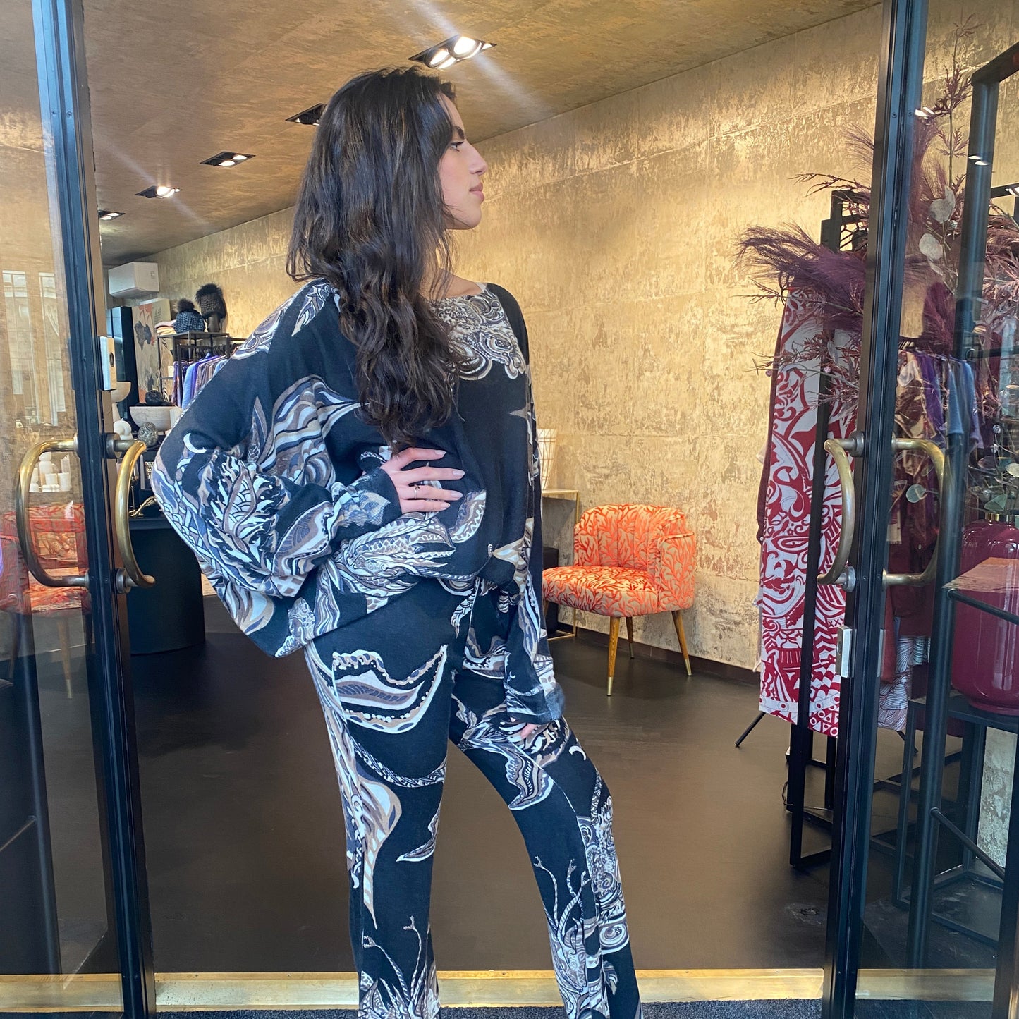 SOUL LEAVES Baby-Kaschmir Feinstrick Pullover mit Fledermaus-Ärmeln, schwarz & beige, limitiert # 3