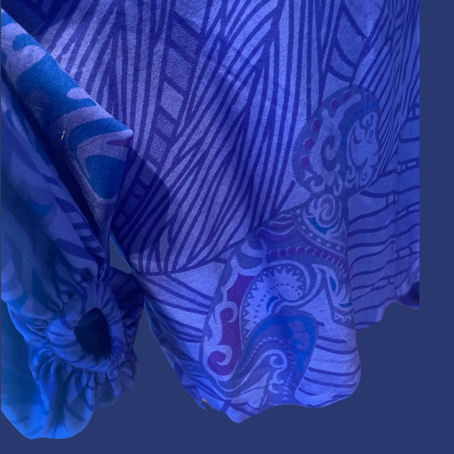 JUNGLE LOVE Seidenbluse mit Ballonärmeln, iris, petrol& purple, UNIKAT