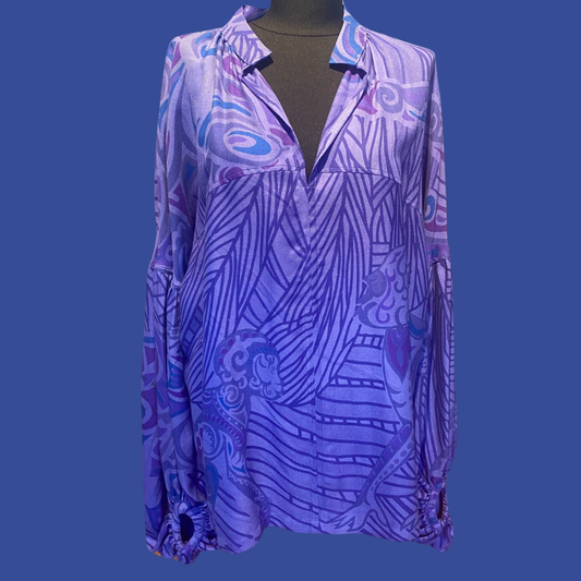 JUNGLE LOVE Seidenbluse mit Ballonärmeln, iris, petrol& purple, UNIKAT