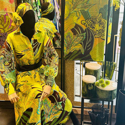 Midi Kleid, WILD FAMILY BOND, Seide bedruckt, gelb-grün-türkis, Unikat