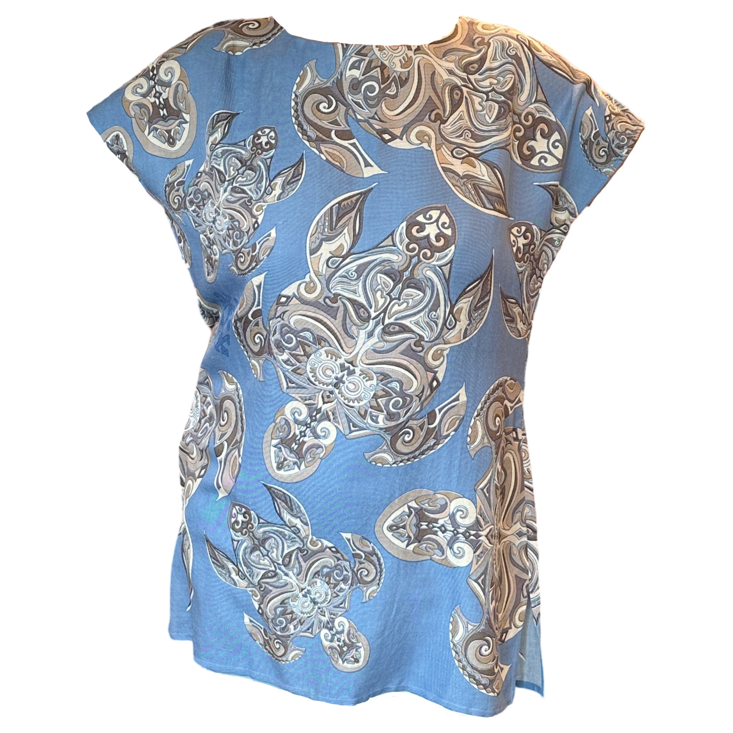 Bluse/Shirt TURTLES IN THE SEA , blau, Naturseide, Siebdruck, Unikat