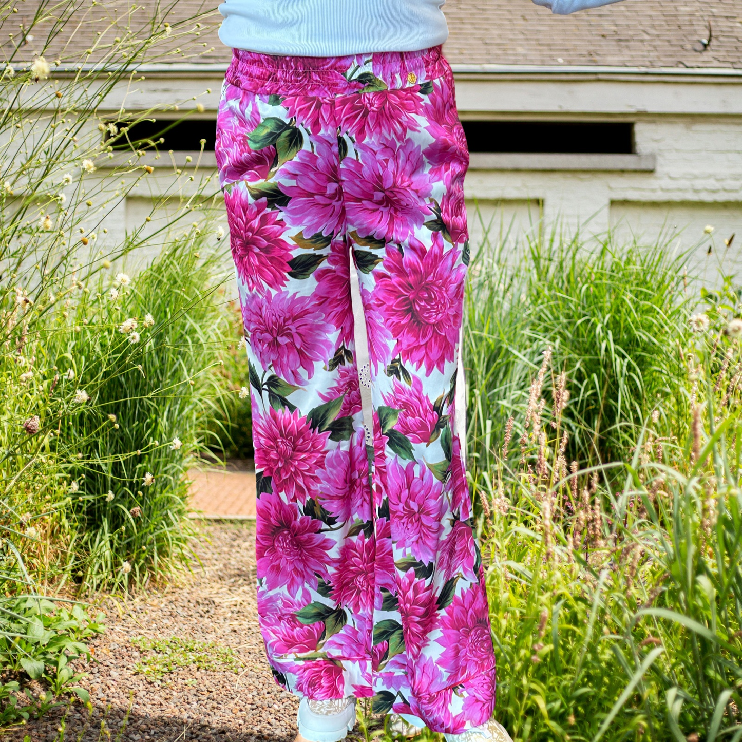 TIMELESS SUSTAINABLE COLLECTION Seiden Hose mit ausgestelltem Bein, Pink Dalias, M, Unikat