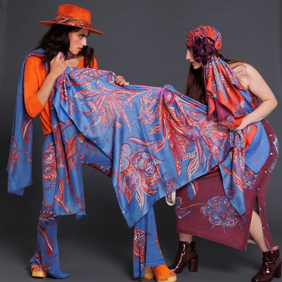 Schal BONDED IN GARDEN EDEN, Kaschmir & Seide Doubleface, blau, Ldt #2