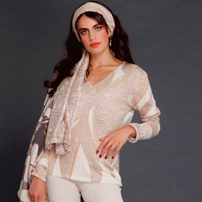 “SOUL LEAVES” fine knit sweater - beige & cream - hand printed from 100% light baby cashmere - limited to 3 pieces