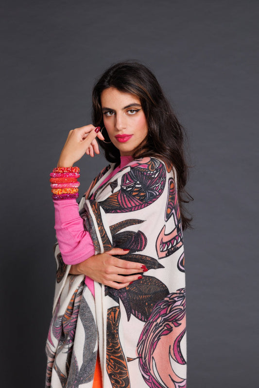 Cape FLAMINGO GARDEN Kaschmir Stola, pink&mauve on white, limited 5 St