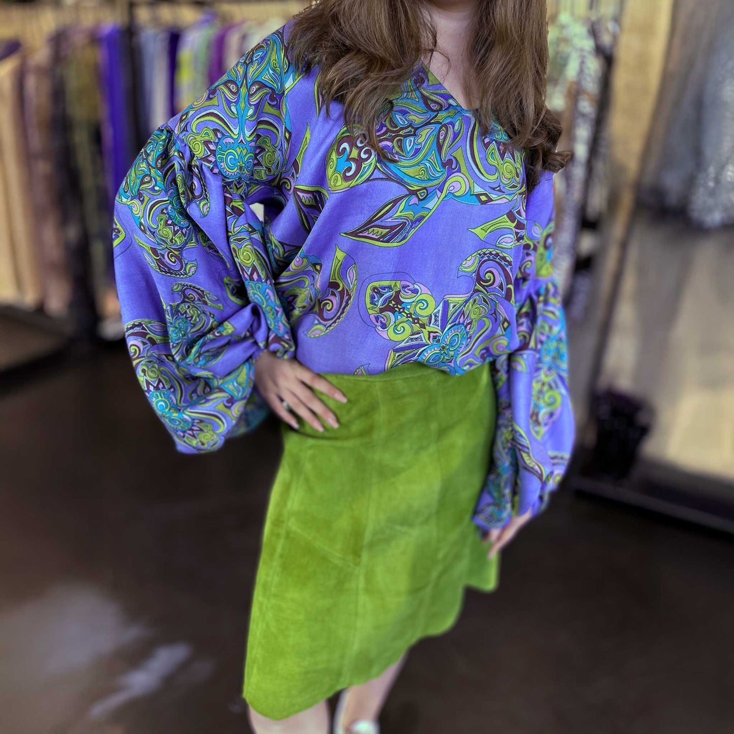 Bluse JUNGLE LOVE Seide mit Ballonärmeln, iris, petrol& purple, UNIKAT