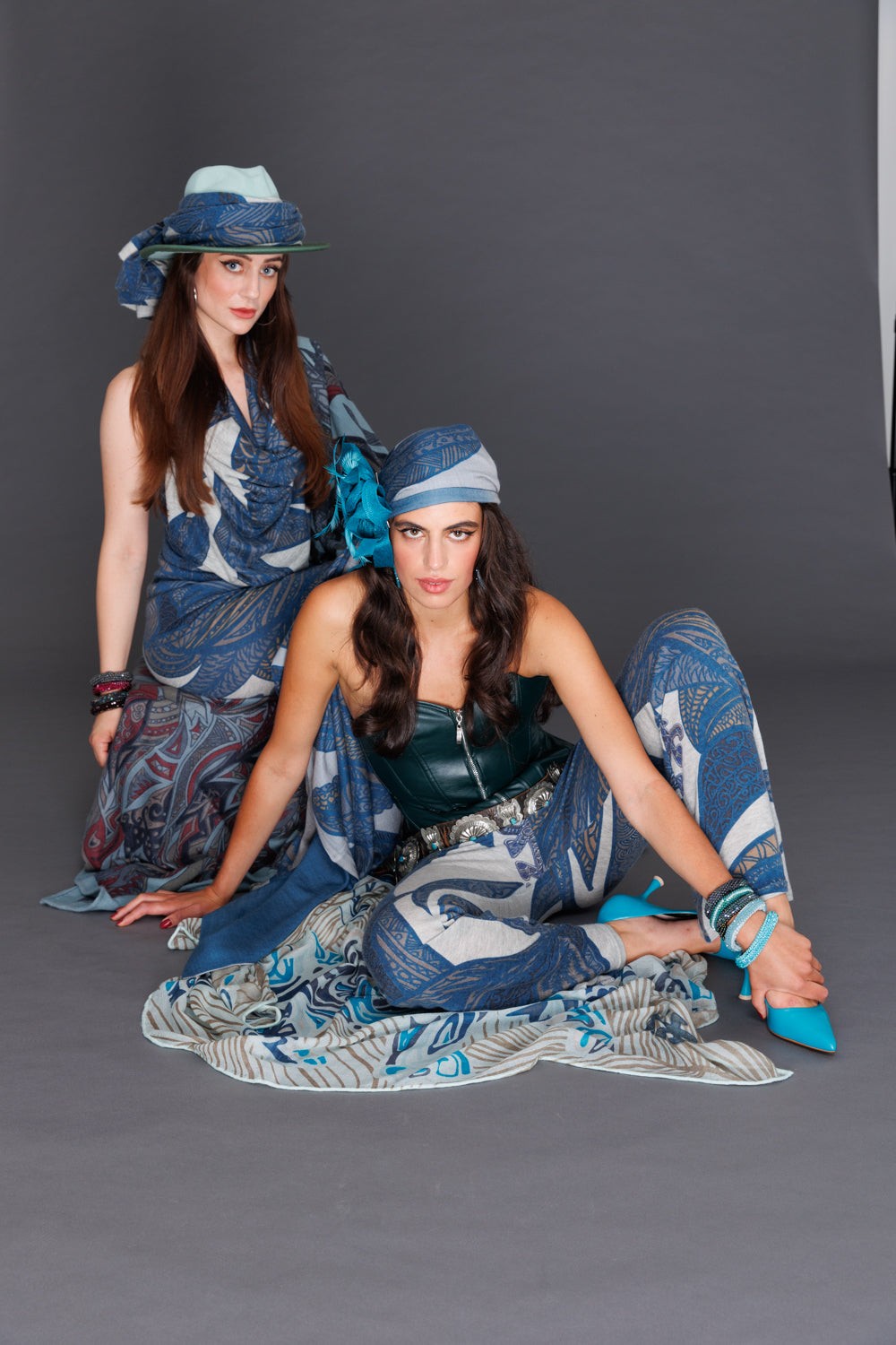 Hose SOUL LEAVES, Feinstrick Kaschmir, mit Schlag, petrol-grey, UNIKAT