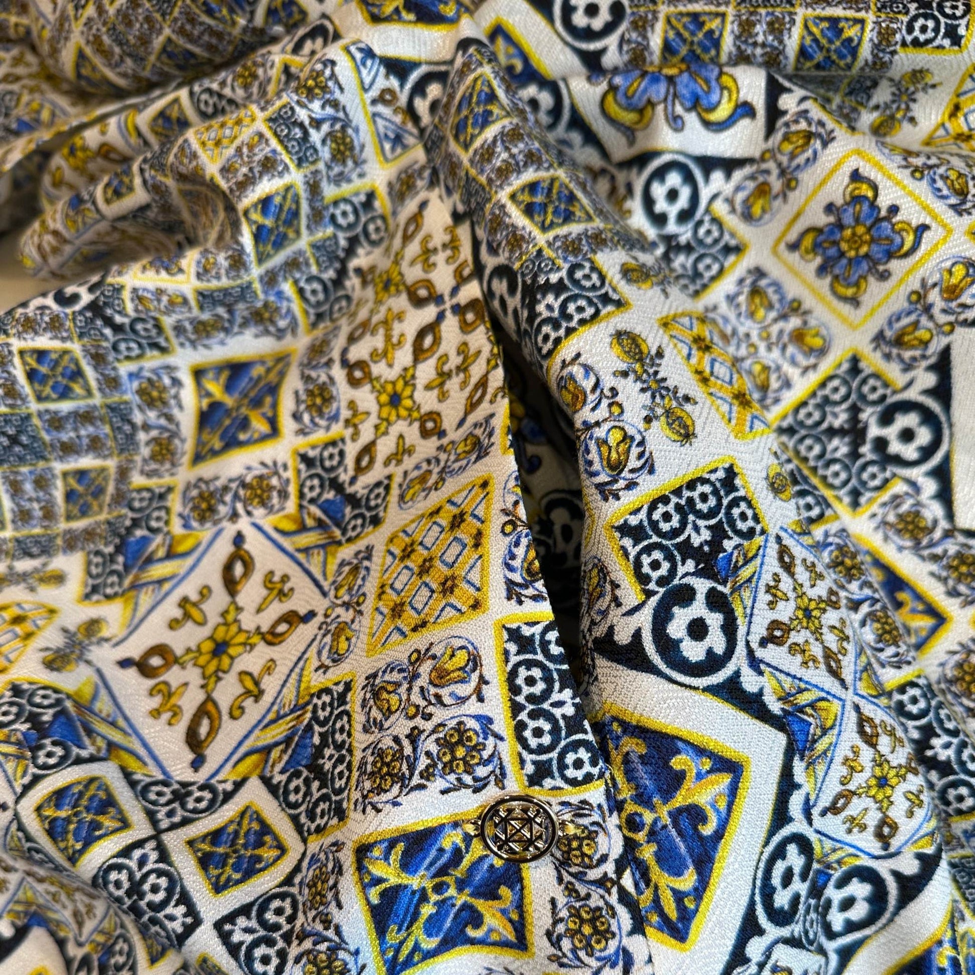 TIMELESS SUSTAINABLE COLLECTION Carmen Sommerkleid, Majolica Baumwoll-Jaquard, Blue/yellow, M, Unikat