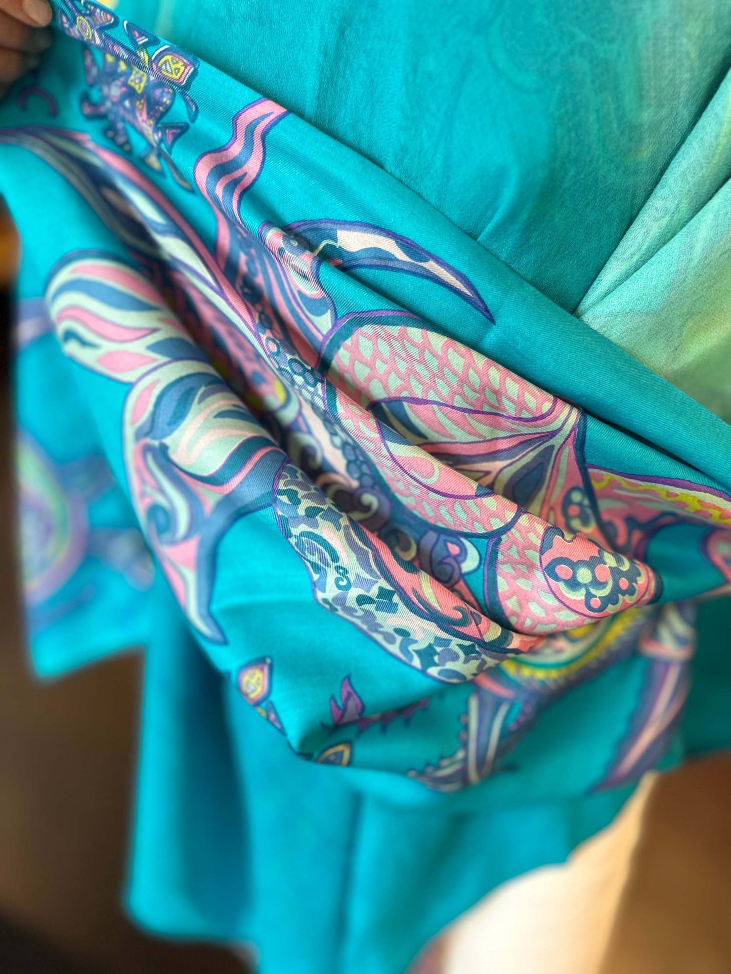 BONDED IN GARDEN EDEN Seide&Kaschmir Poncho, Doubleface, türkis, Unikat