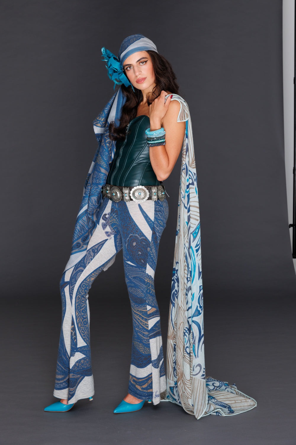 Hose SOUL LEAVES, Feinstrick Kaschmir, mit Schlag, petrol-grey, UNIKAT