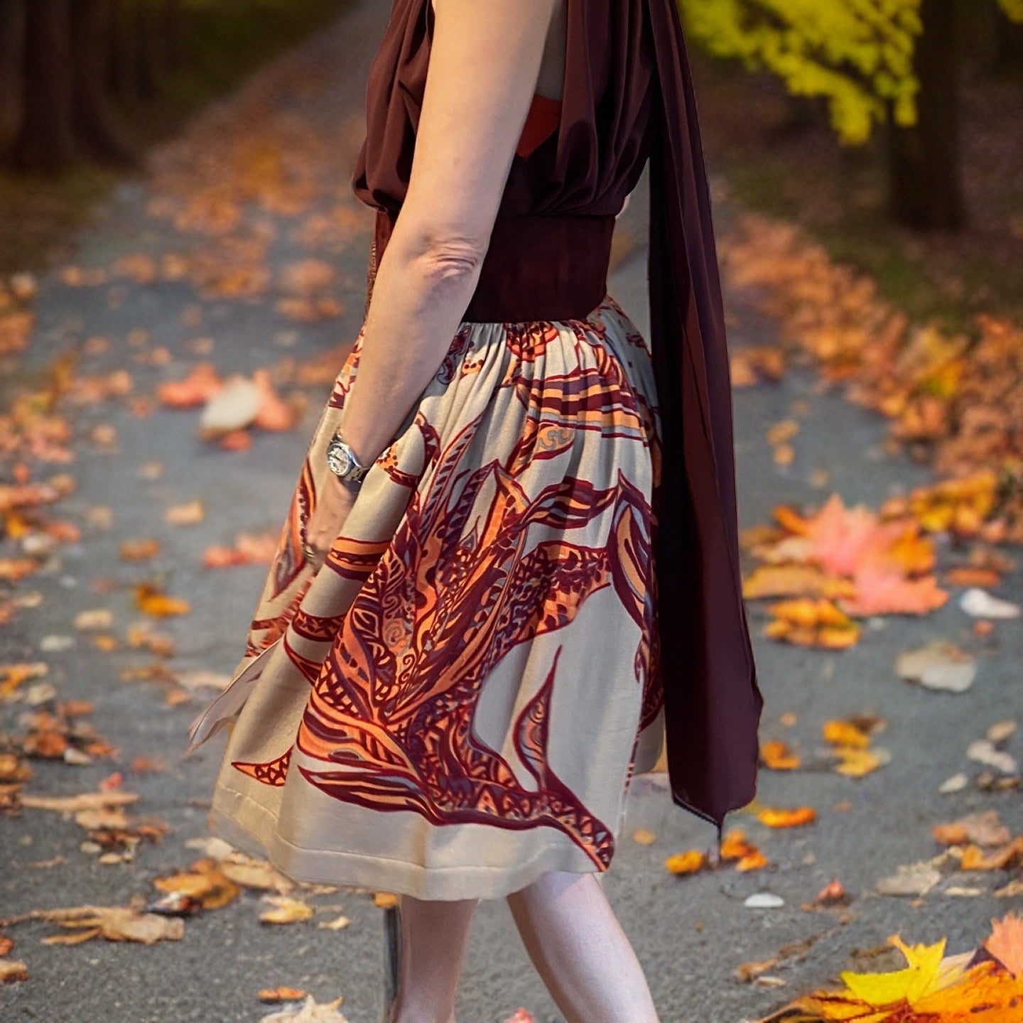 SOUL FLOWERS Kaschmir & Seide Midi Rock mit Veloursleder-Bund, orange & beige, Unikat