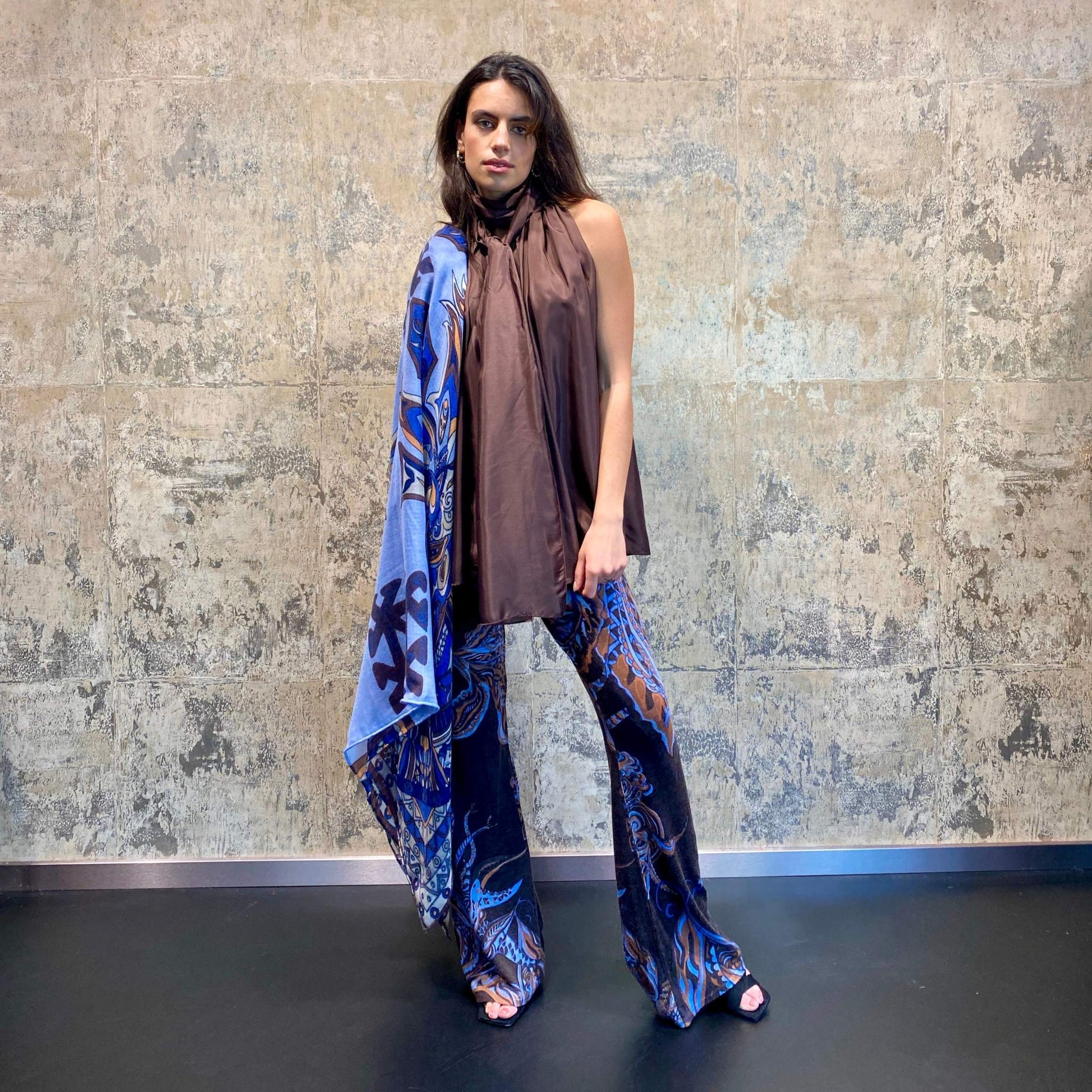 Hose SOUL FLOWERS Feinstrick-Kaschmir mit Schlag, Braun&blau, Limited3