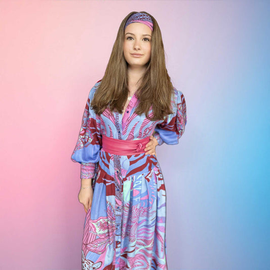 Midi Kleid, WILD FAMILY BOND, Seide bedruckt, blau-rosa-türkis, Unikat