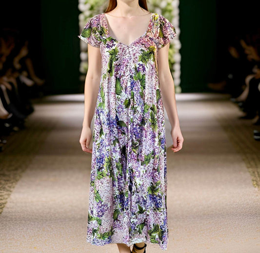 Sommerkleid, Baumwolle Jaquard, grün & lila, Taillenbund, Hortensien