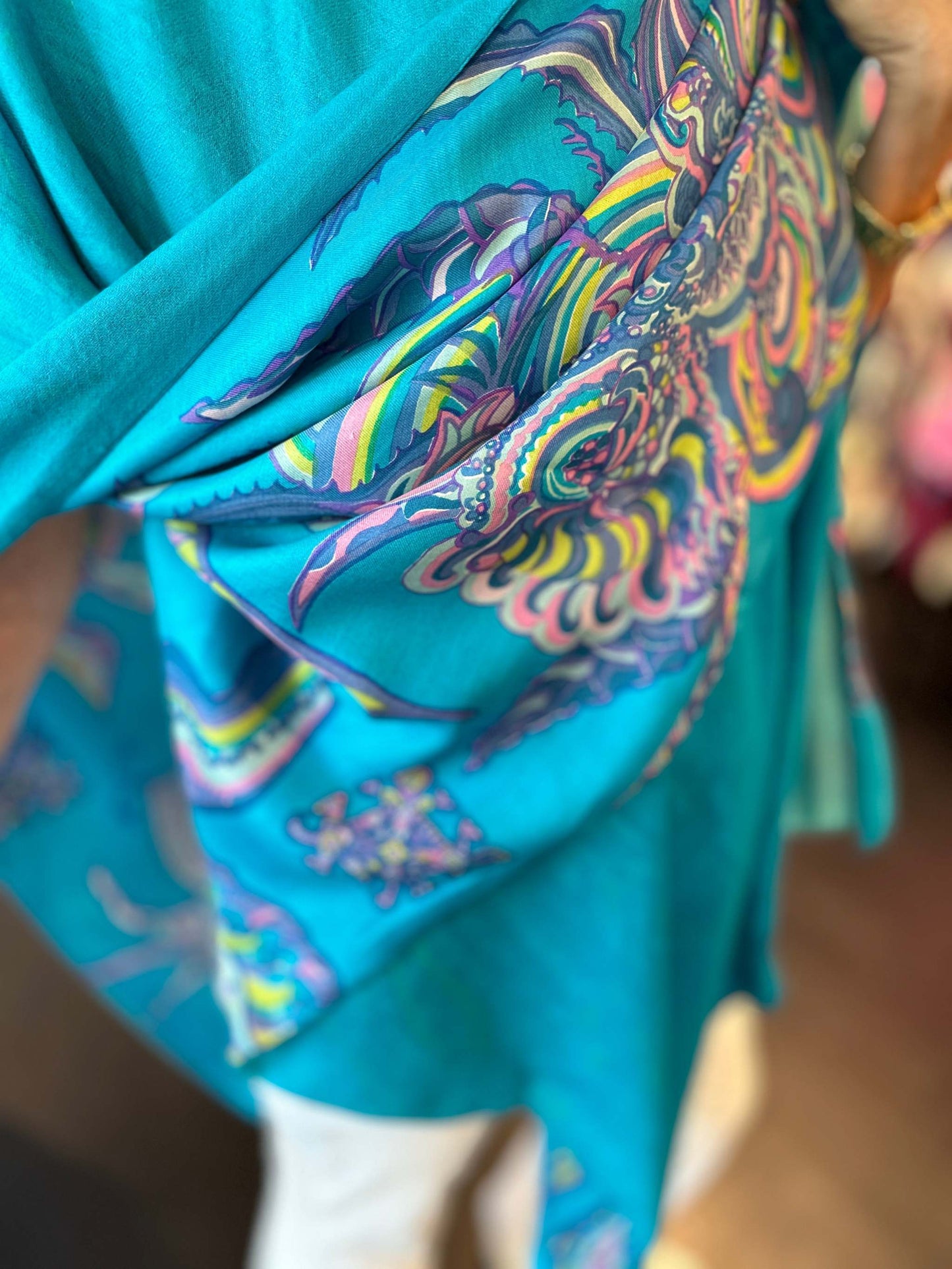 BONDED IN GARDEN EDEN Seide&Kaschmir Poncho, Doubleface, türkis, Unikat