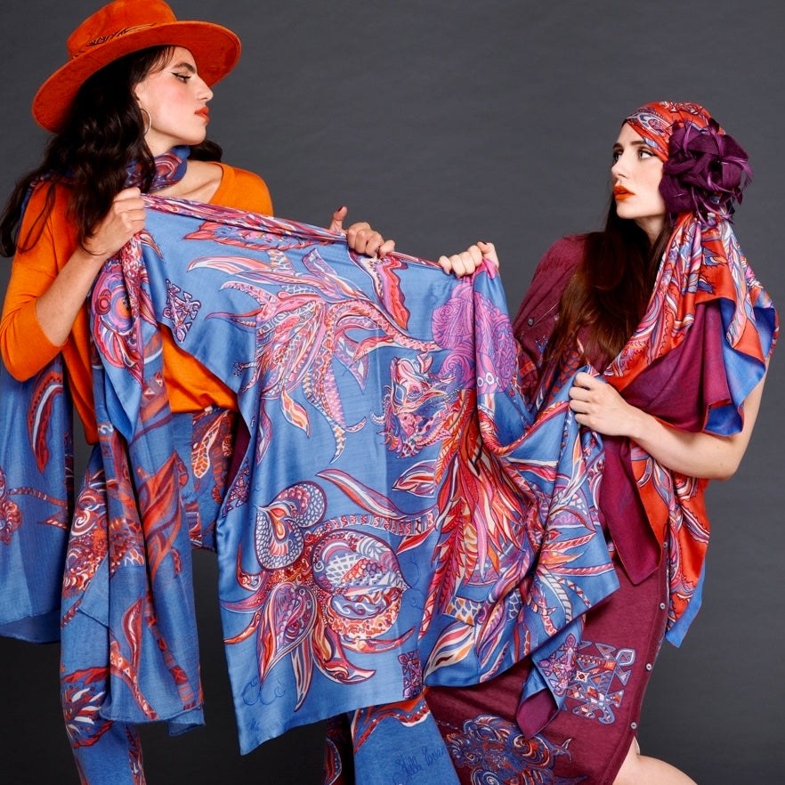 Schal BONDED IN GARDEN EDEN, Kaschmir & Seide Doubleface, blau, Ldt #2