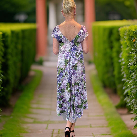 Sommerkleid, Baumwolle Jaquard, grün & lila, Taillenbund, Hortensien