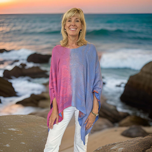 BONDED IN GARDEN EDEN Sei de& Kaschmir Poncho, Doubleface, Blau / Pink, Unikat