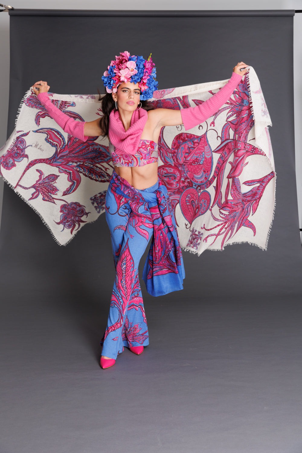 Hose SOUL FLOWERS, 70/30 Kaschmir-Seide, mit Schlag, pink&blue, UNIKAT