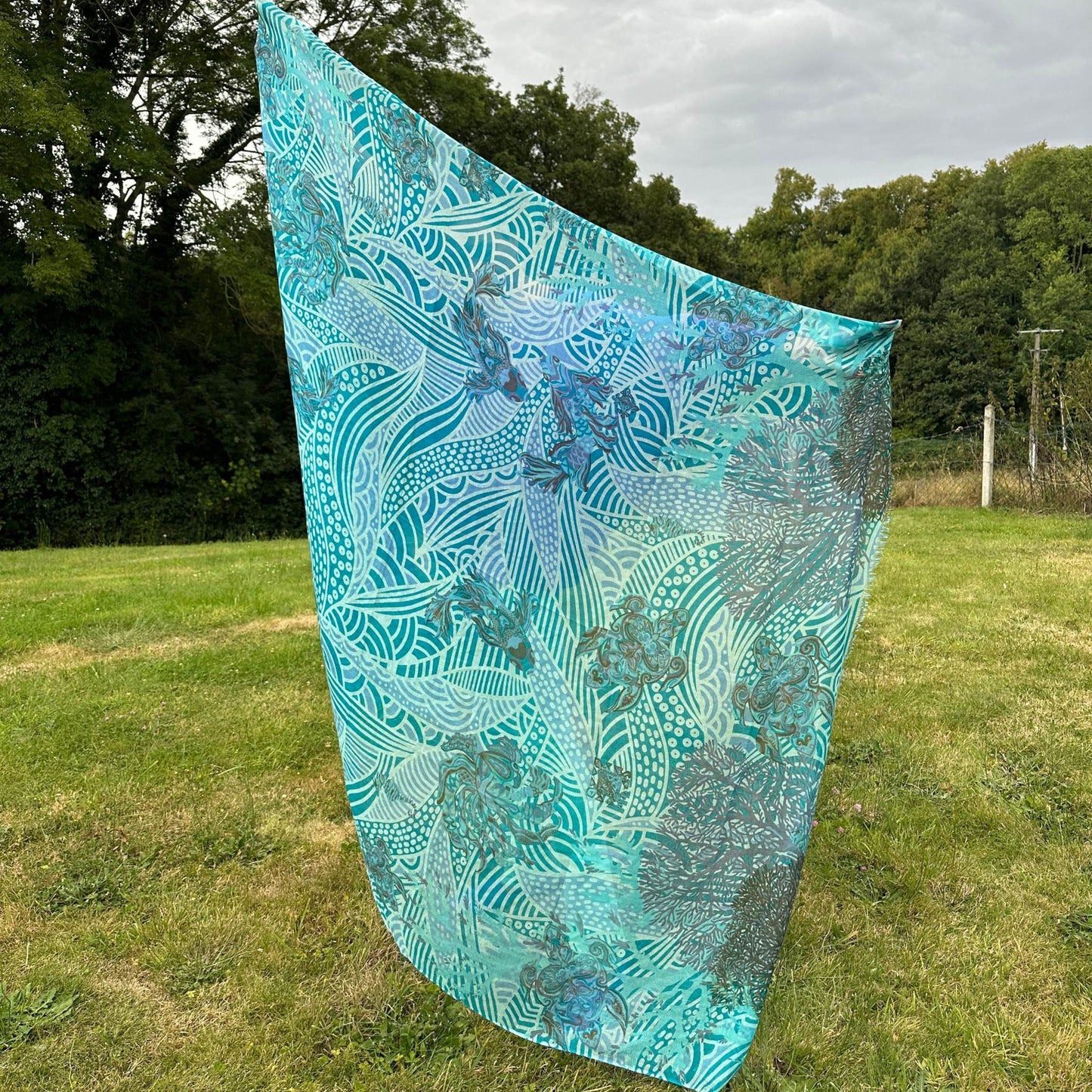 Schal Deep Ocean, feiner Kaschmir, XL 140x200cm, Motiv JUNGLE, Unikat