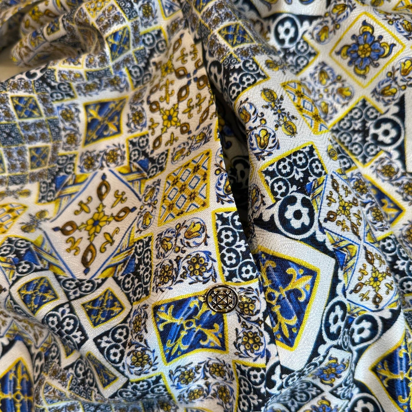 TIMELESS SUSTAINABLE COLLECTION Carmen Sommerkleid, Majolica Baumwoll-Jaquard, Blue/yellow, M, Unikat