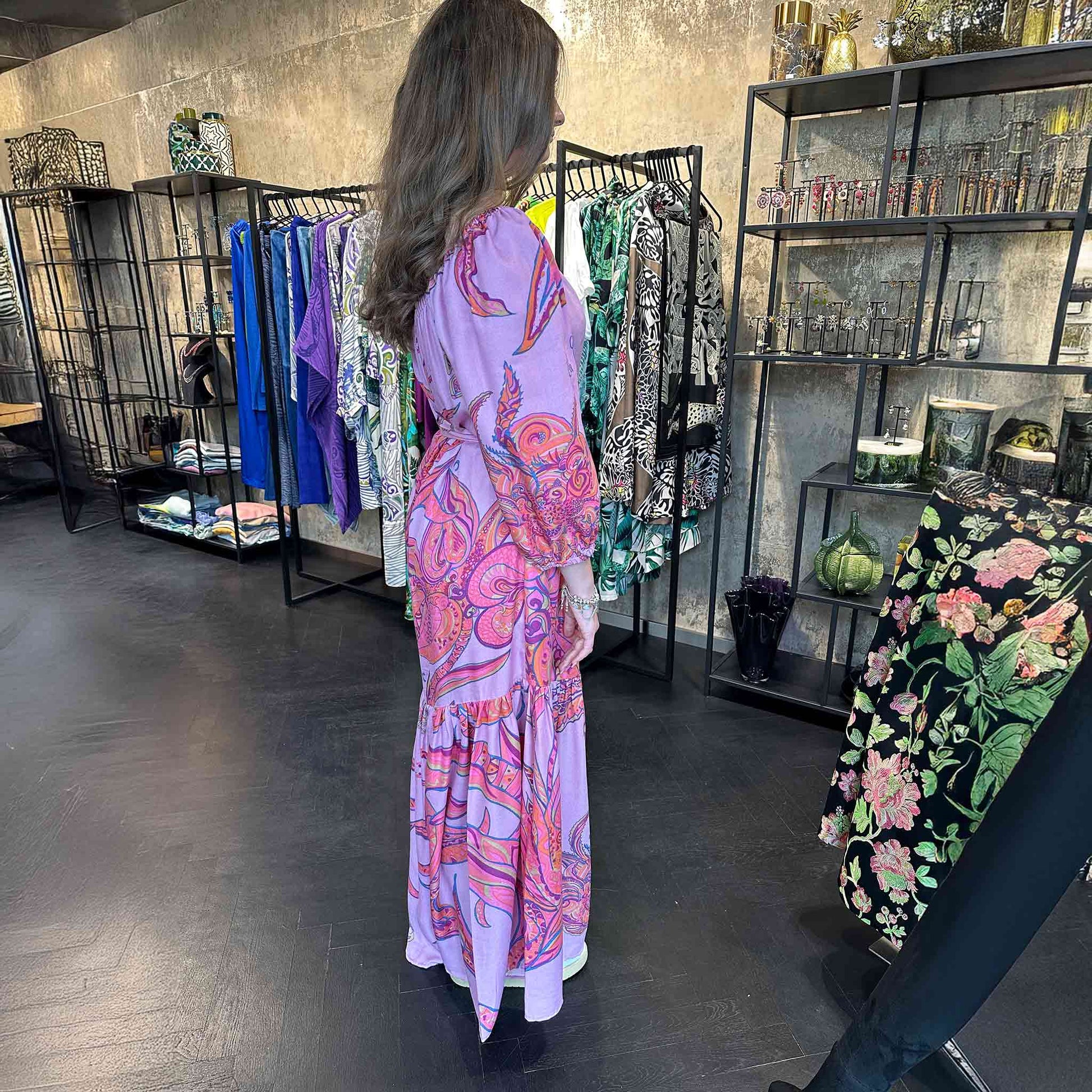 Maxi Kleid SOUL FLOWERS, handgewobene 100 % Seide, pink & purple, Unikat