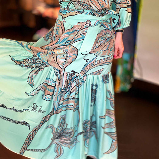 Maxi Kleid SOUL FLOWERS,  handgewobene 100 % Seide, türkis & beige, Unikat