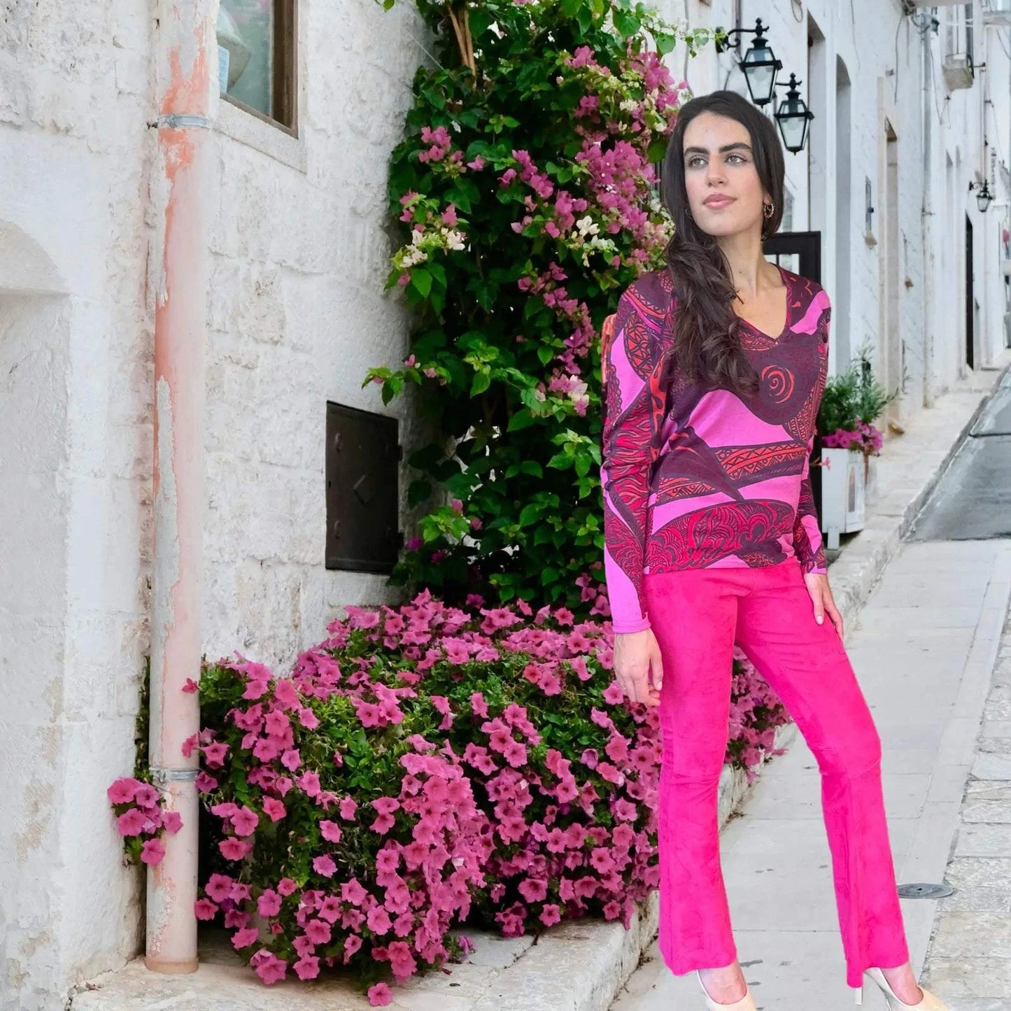 Lederhose mit Schlag aus Stretch-Lammleder, Pink, Maßkonfektion